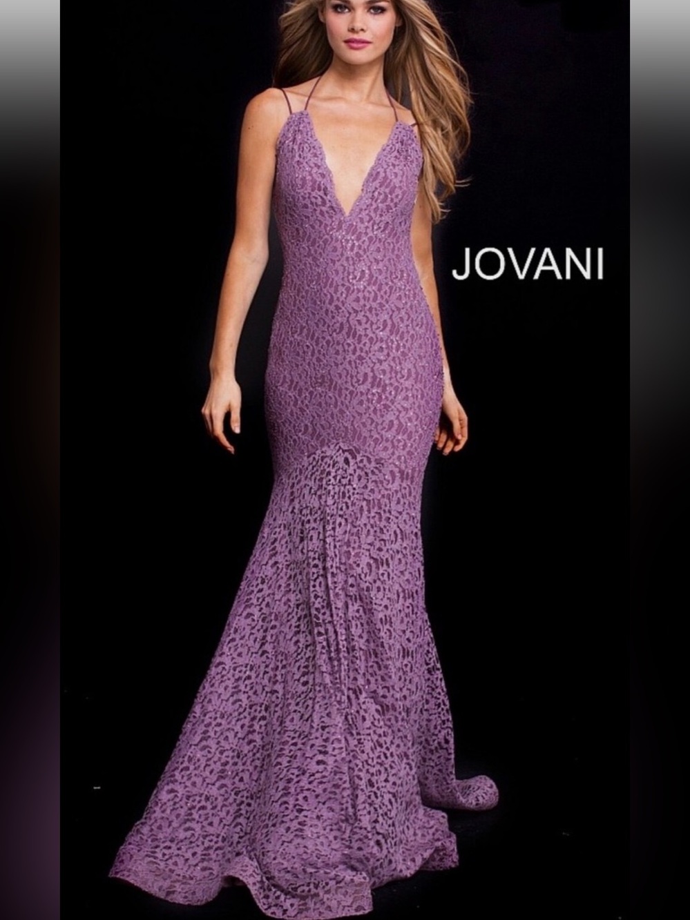 Jovani Mauve Lace Mermaid Gown with Spaghetti Straps - Picture 7 of 7